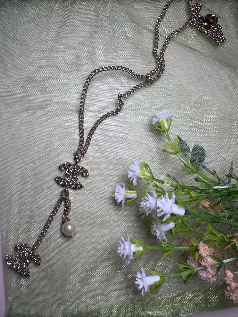 Chanel Silver-Tone Pearl Drop Necklace Double CC certificate of authenticity